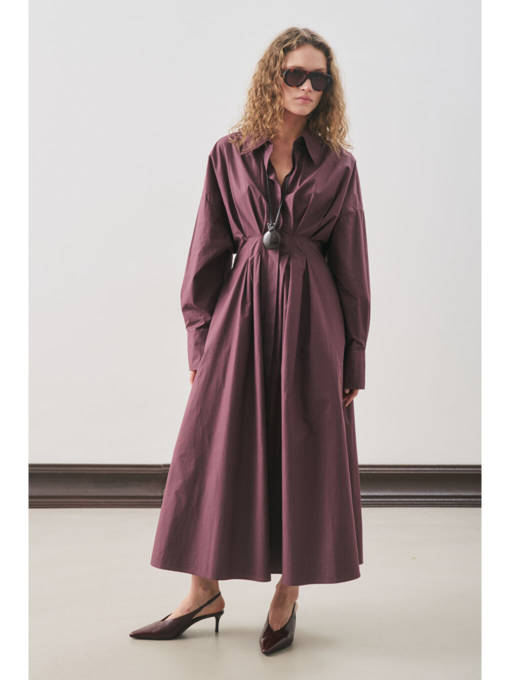 Pile Detaylı Gömlek Elbise Mürdüm-2