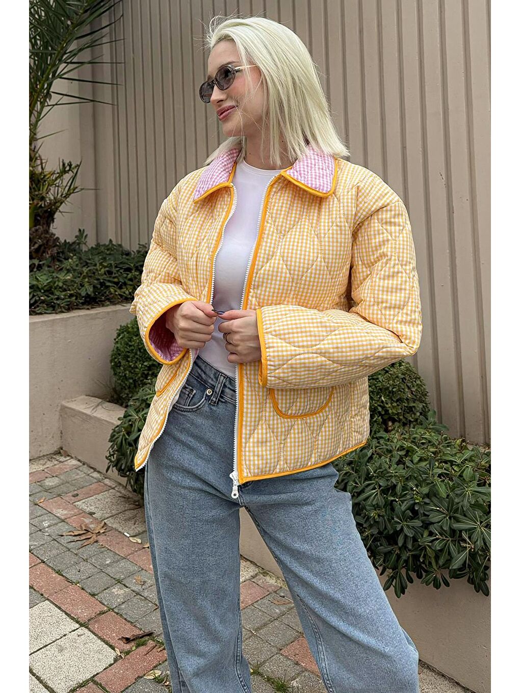 Sarı Pötikareli Cepli Kadın Mont Mg2488-2