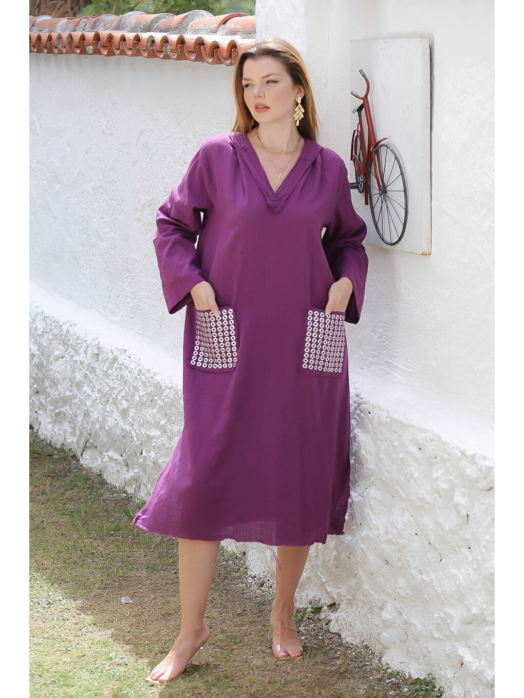 Mor Kapüşonlu Düğmeli Uzun Kollu Cepli Yırtmaçlı Troklu Dokuma Casual Elbise-6