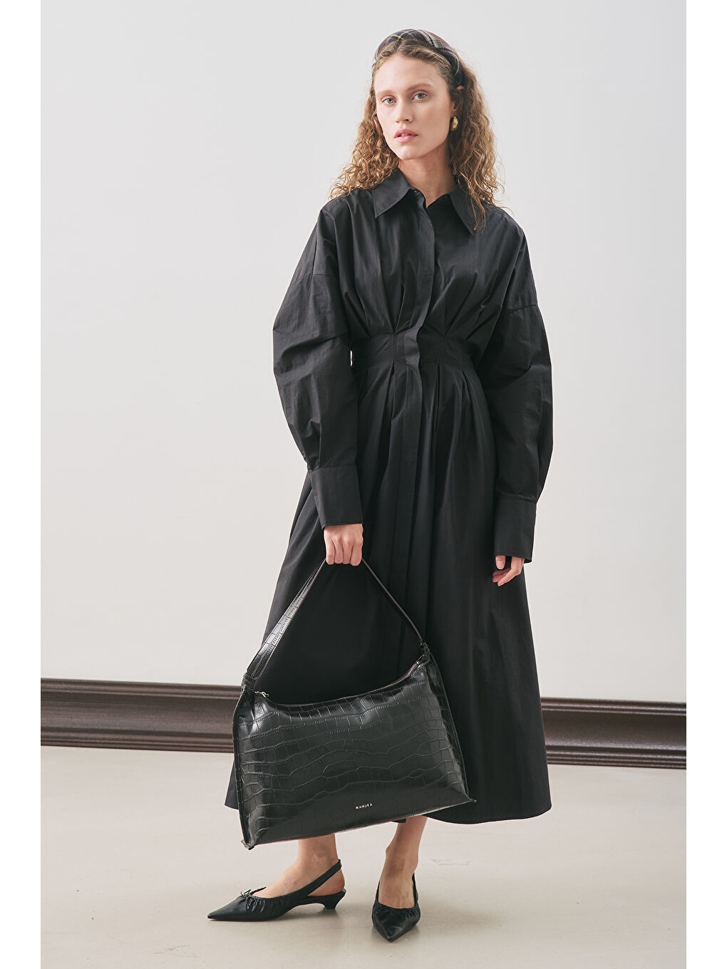 Pile Detaylı Gömlek Elbise Siyah-3