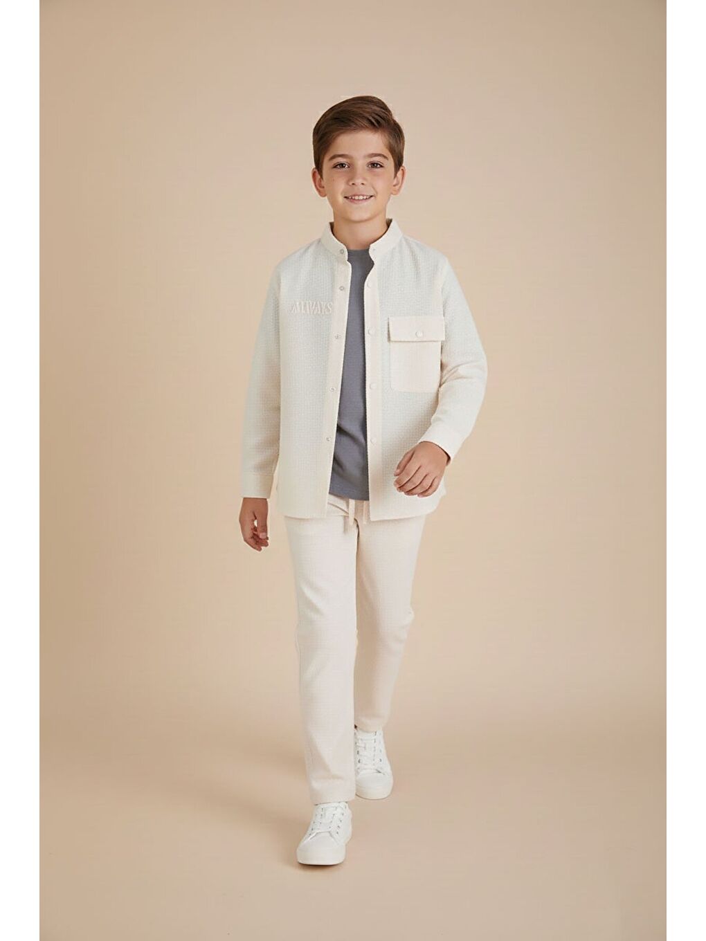 Ekru Krem Keten Gömlekli Pantolonlu Erkek Çocuk 3lü Alt Üst Takım 23573-3