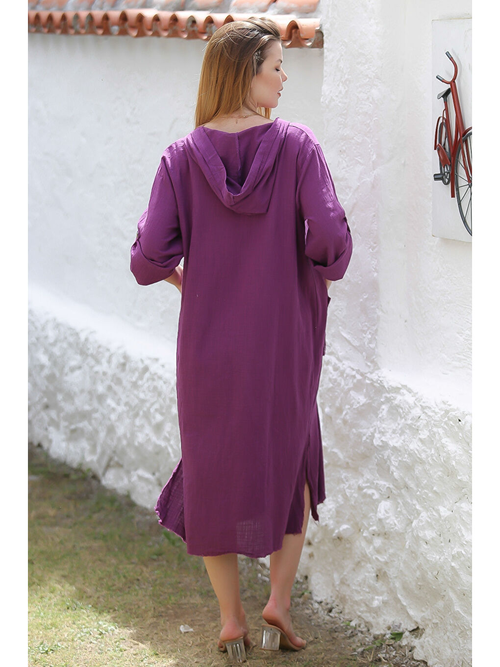 Mor Kapüşonlu Düğmeli Uzun Kollu Cepli Yırtmaçlı Troklu Dokuma Casual Elbise-7