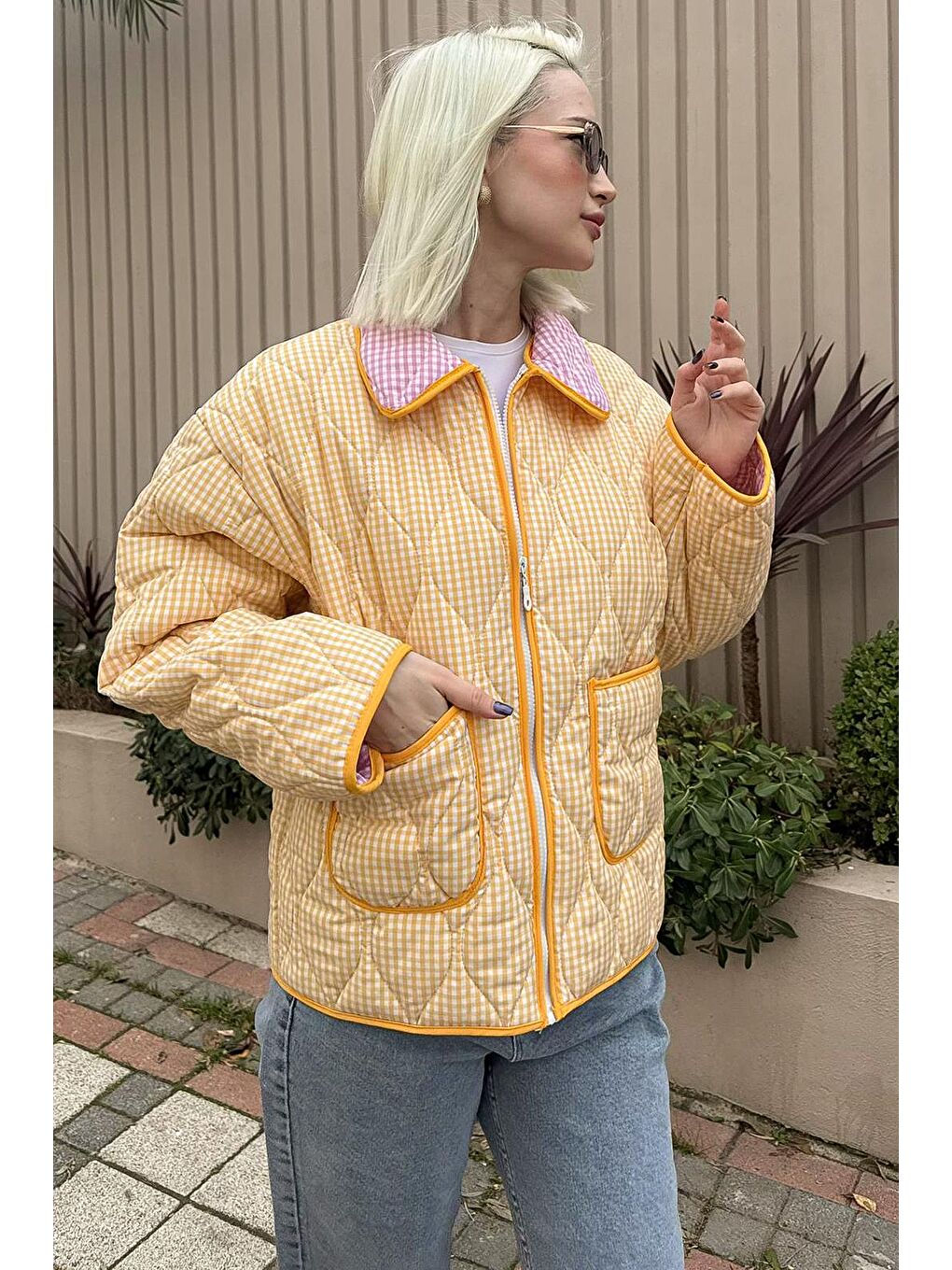 Sarı Pötikareli Cepli Kadın Mont Mg2488-3