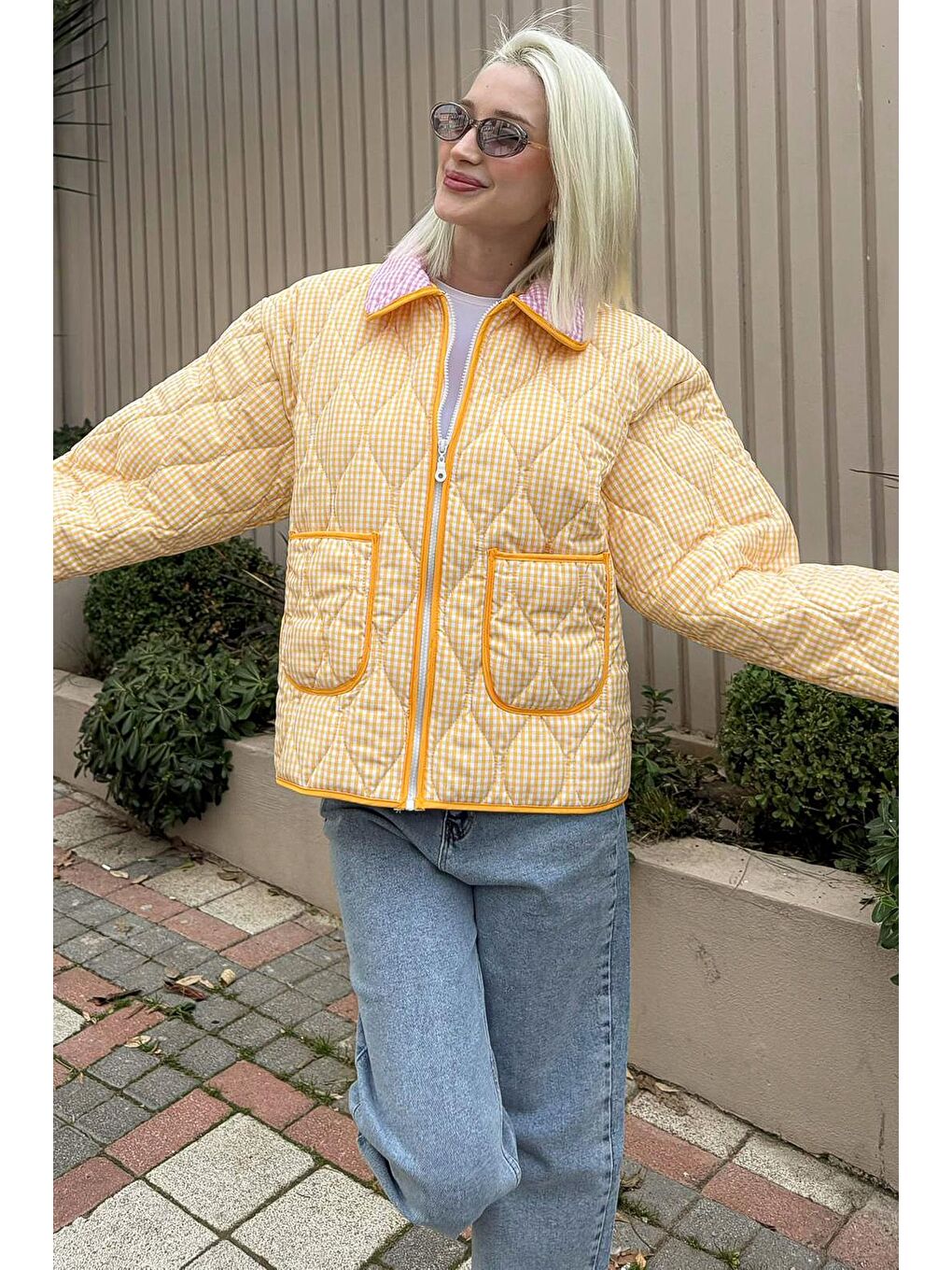 Sarı Pötikareli Cepli Kadın Mont Mg2488-4