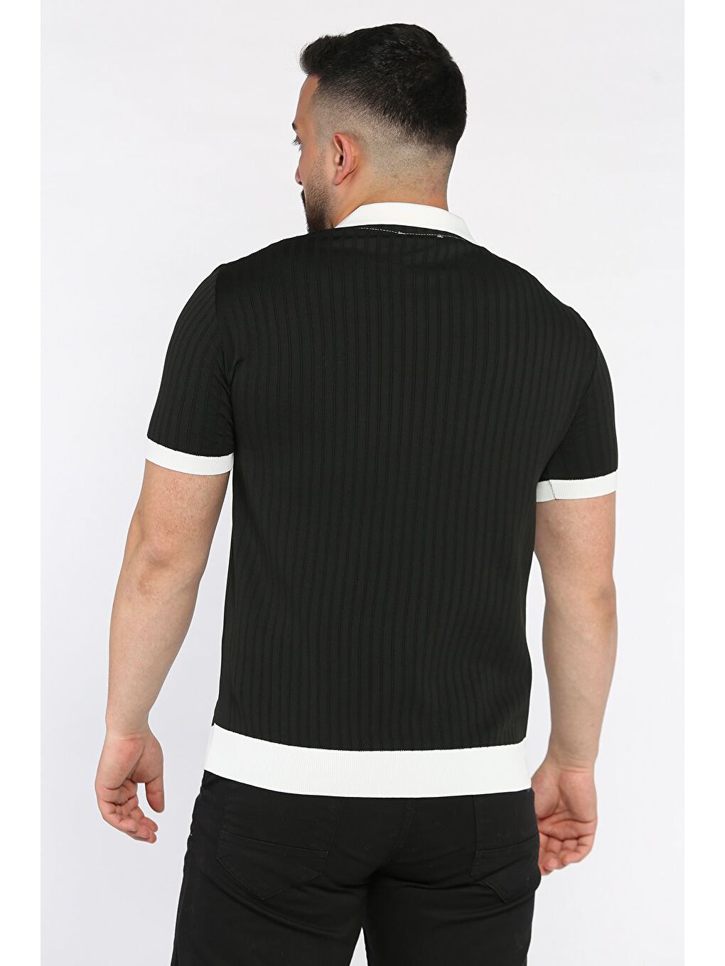 Siyah Polo Yaka Çizgi Desenli Erkek Triko Tişört-2