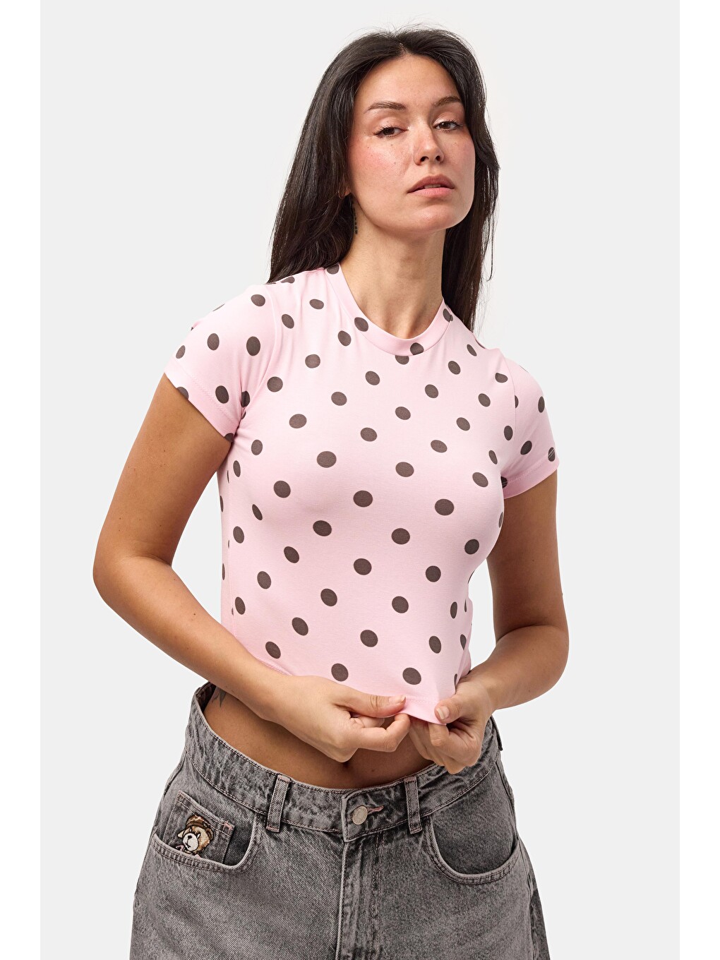 Kadın Pembe Puantiyeli s6-98 Crop Fit T-Shirt-5