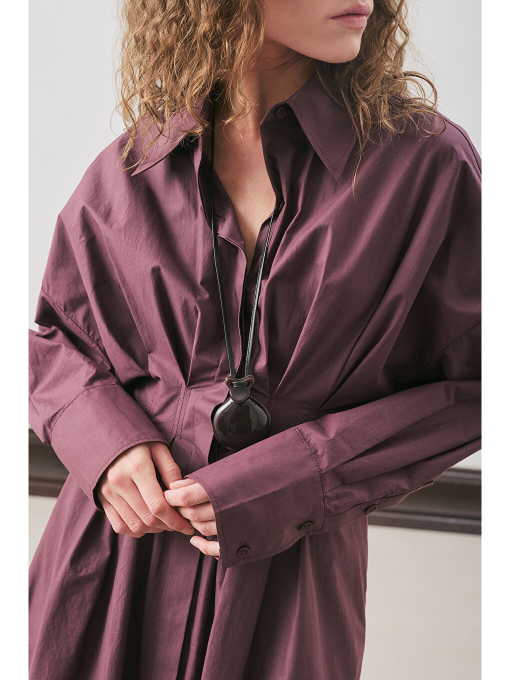 Pile Detaylı Gömlek Elbise Mürdüm-3