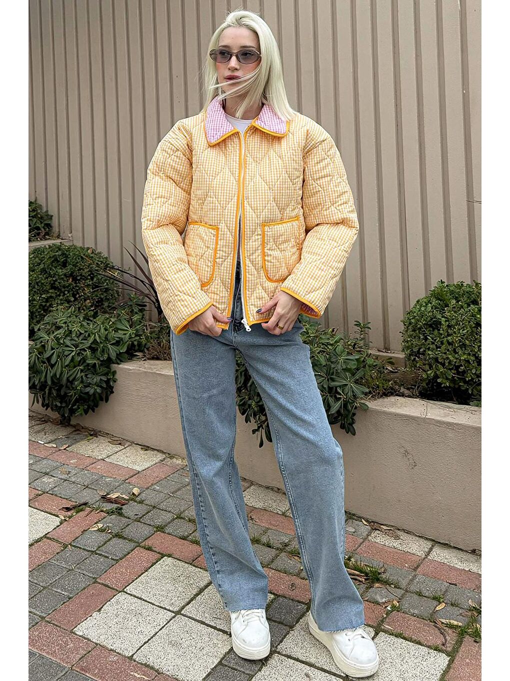 Sarı Pötikareli Cepli Kadın Mont Mg2488-5