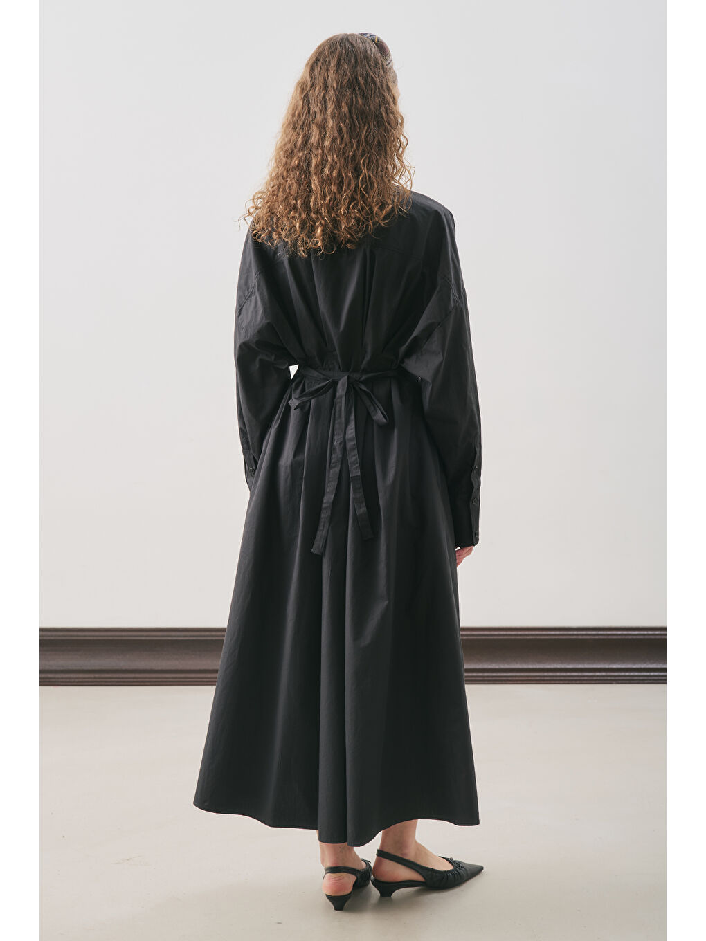 Pile Detaylı Gömlek Elbise Siyah-4