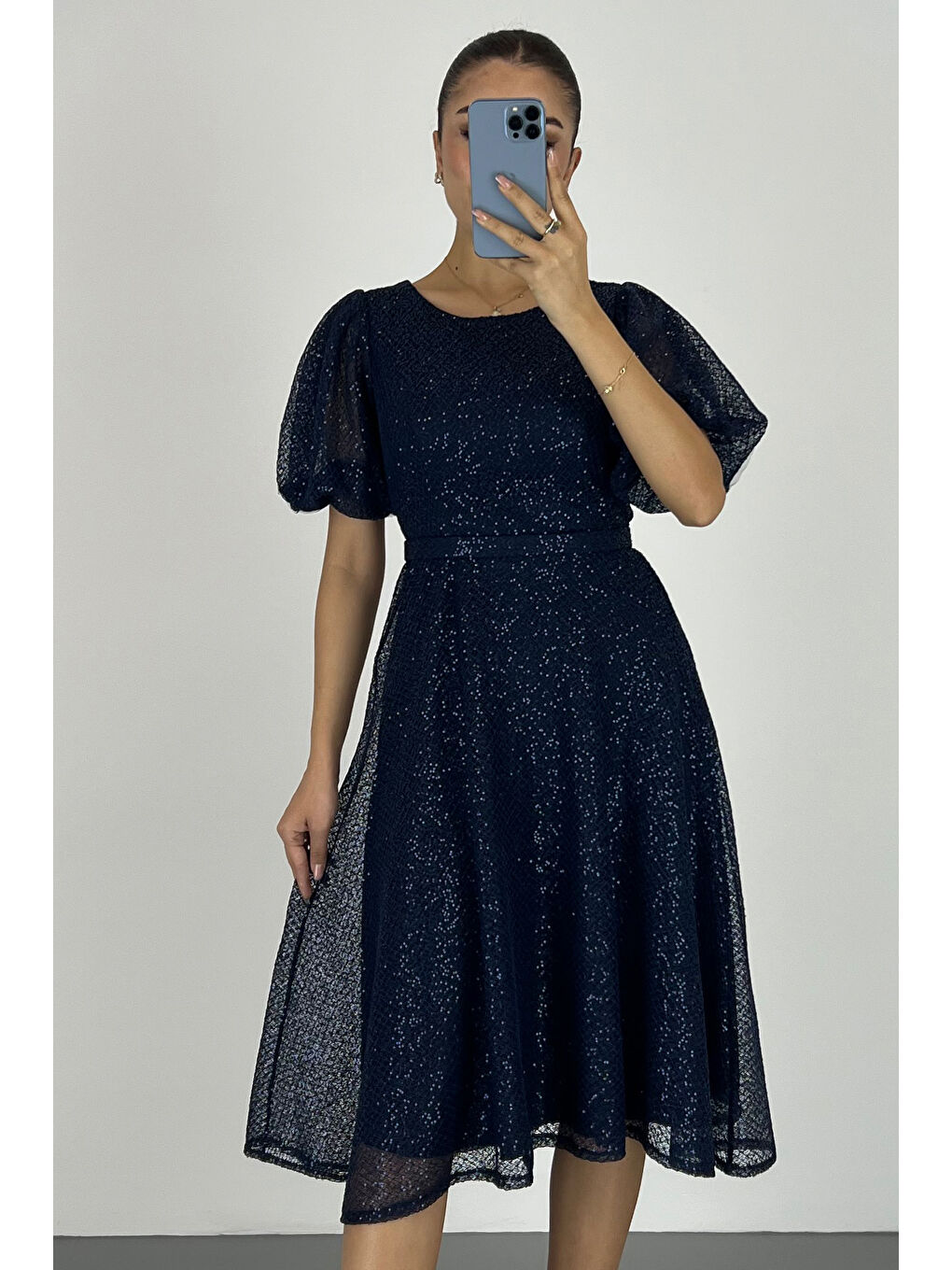 Kadın Lacivert Kemerli Pul Payetli Midi Abiye Elbise-1