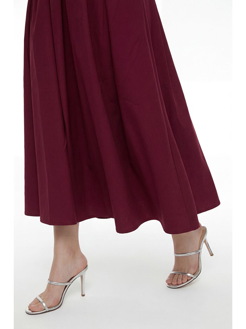 Kadın Bordo Kare Yaka Balon Kol Midi Davet Elbisesi-3