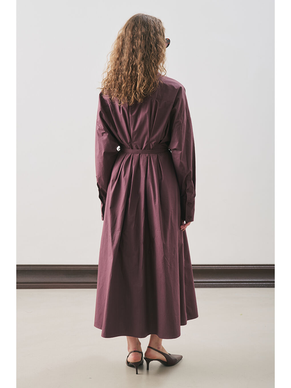 Pile Detaylı Gömlek Elbise Mürdüm-4