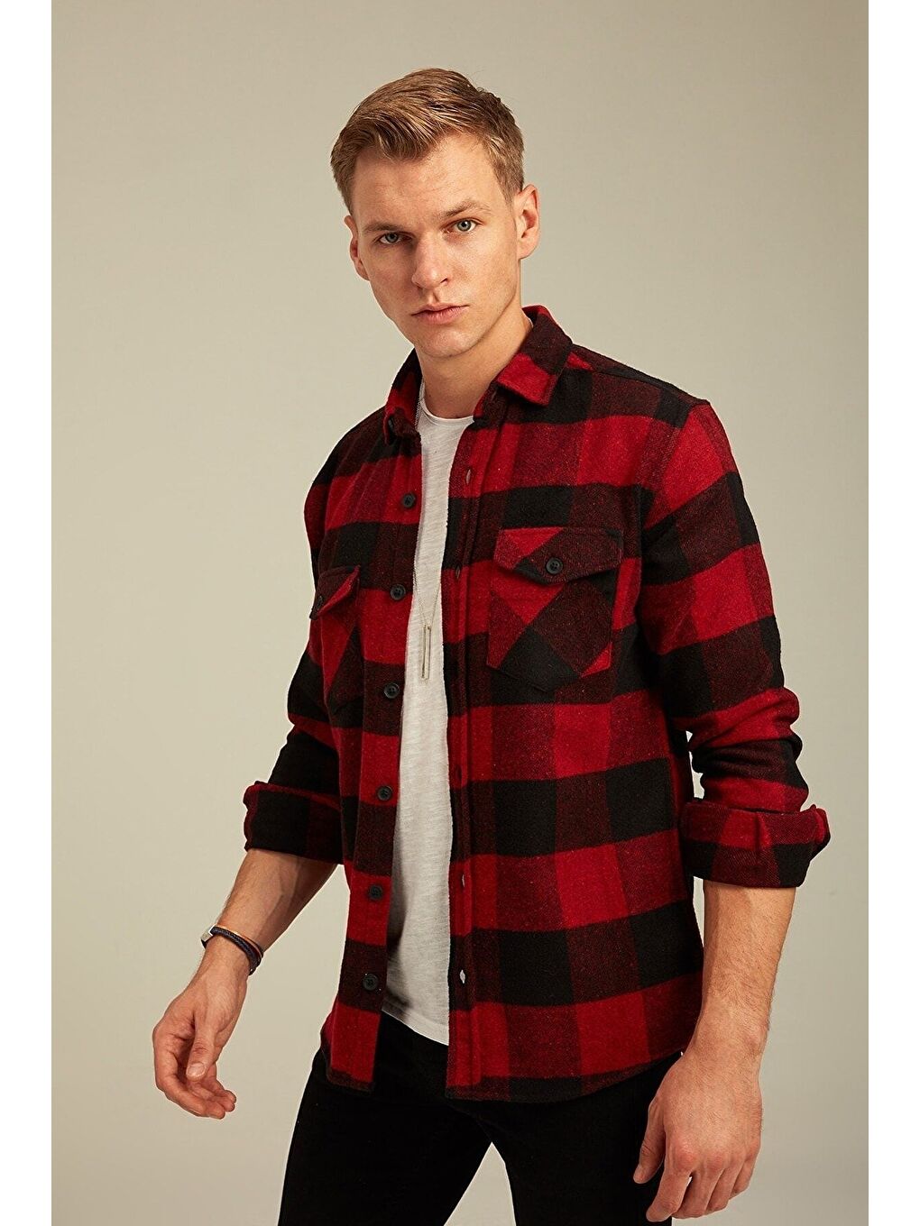 Tarz Cool Kırmızı Erkek Slim Fit Düğmeli Yaka Çift Cepli Oduncu Ekose Gömlek