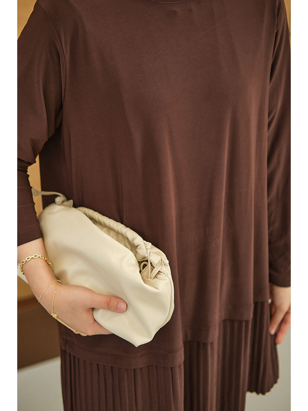 Kahverengi Kadın Alt Piliseli Bisiklet Yaka Takım Acı Kahve-4