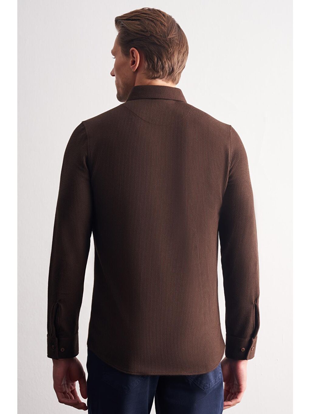 Kahverengi Smart Düğmeli Yaka Uzun Kol Cepsiz Slim Fit Casual Gömlek 1004255169-4
