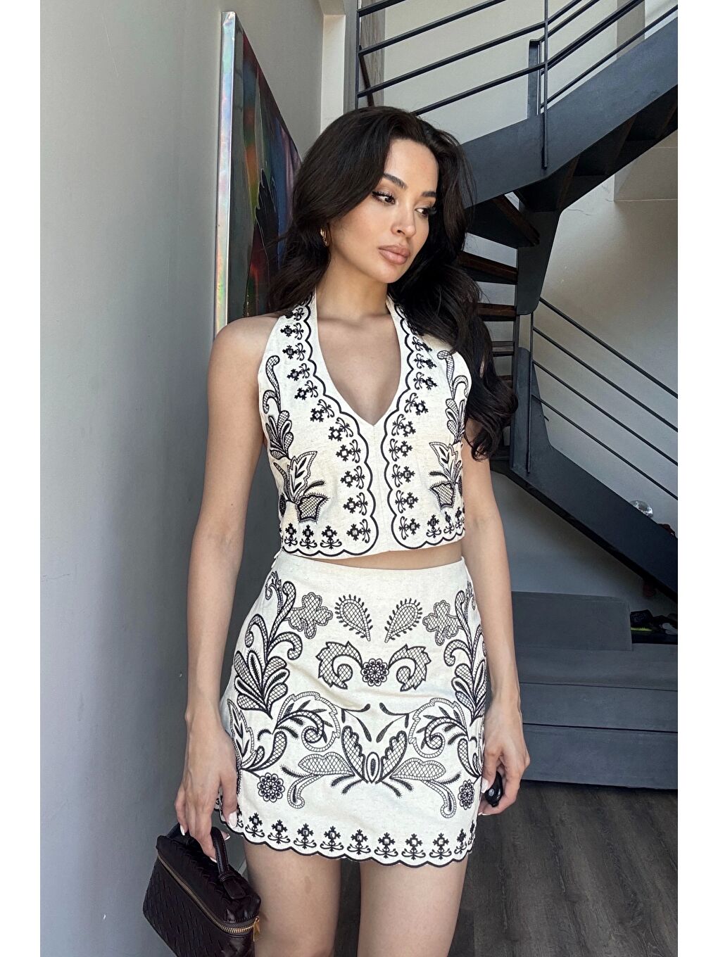 Kadın Bej Halter Yaka Nakışlı Takım 0267-0642