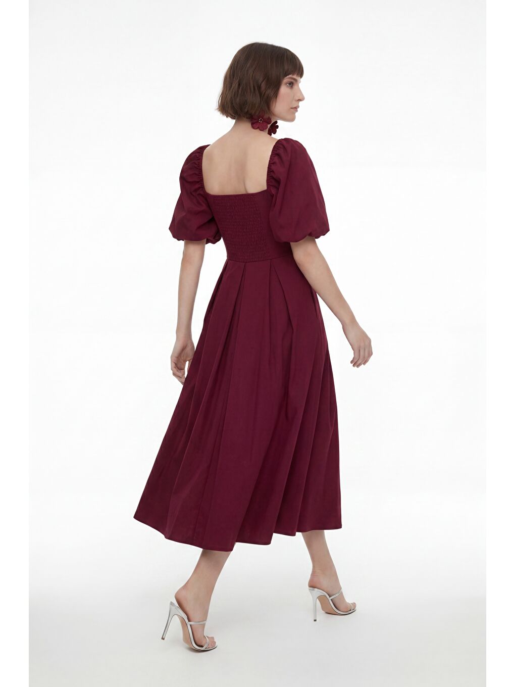 Kadın Bordo Kare Yaka Balon Kol Midi Davet Elbisesi-5