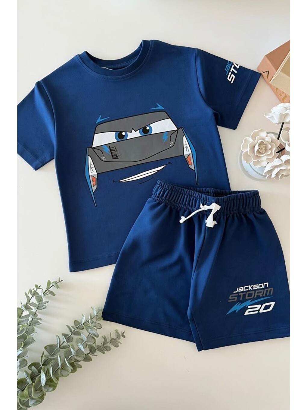 Erkek Çocuk Lacivert Pamuklu Bisiklet Yaka Araba Baskılı T-Shirt Ve Şort Alt Üst Takım-1
