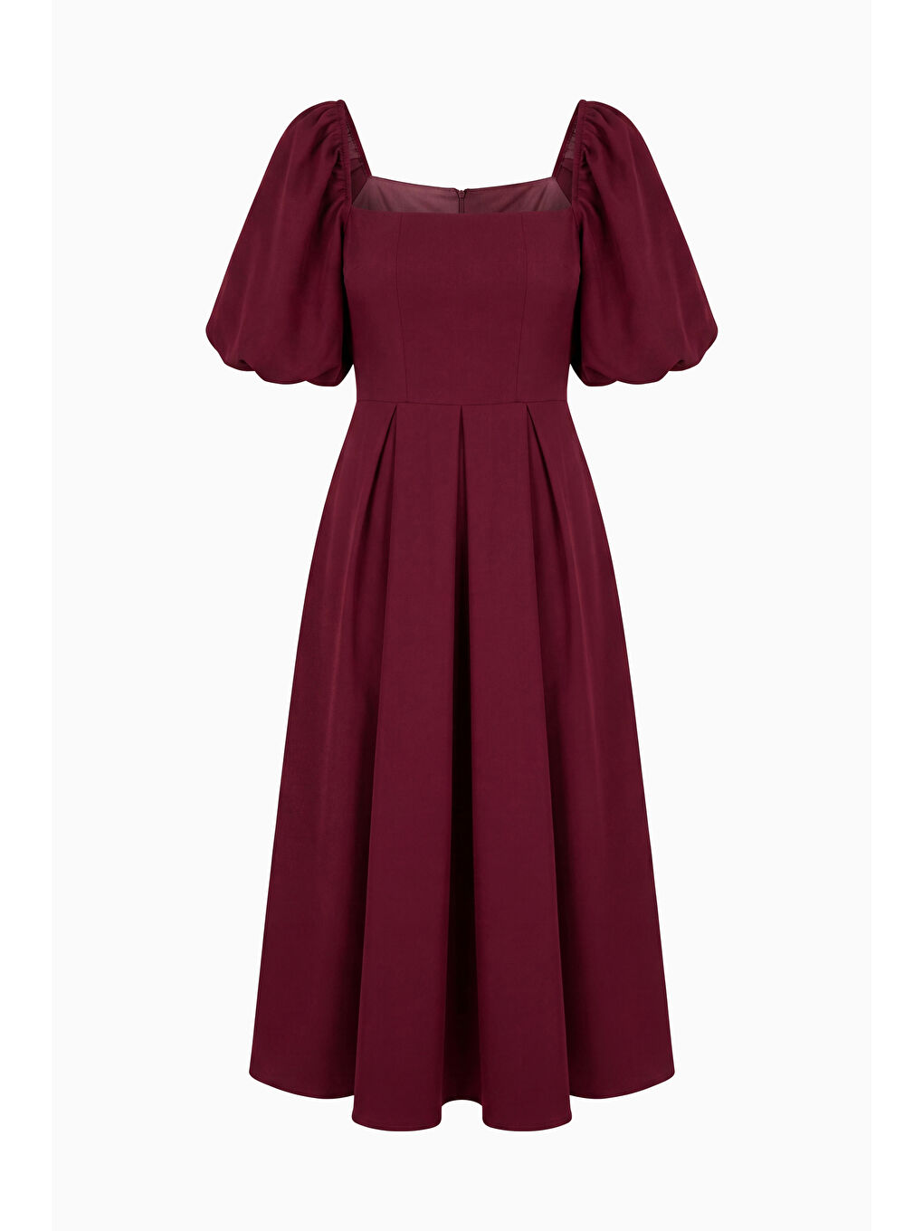 Kadın Bordo Kare Yaka Balon Kol Midi Davet Elbisesi-6