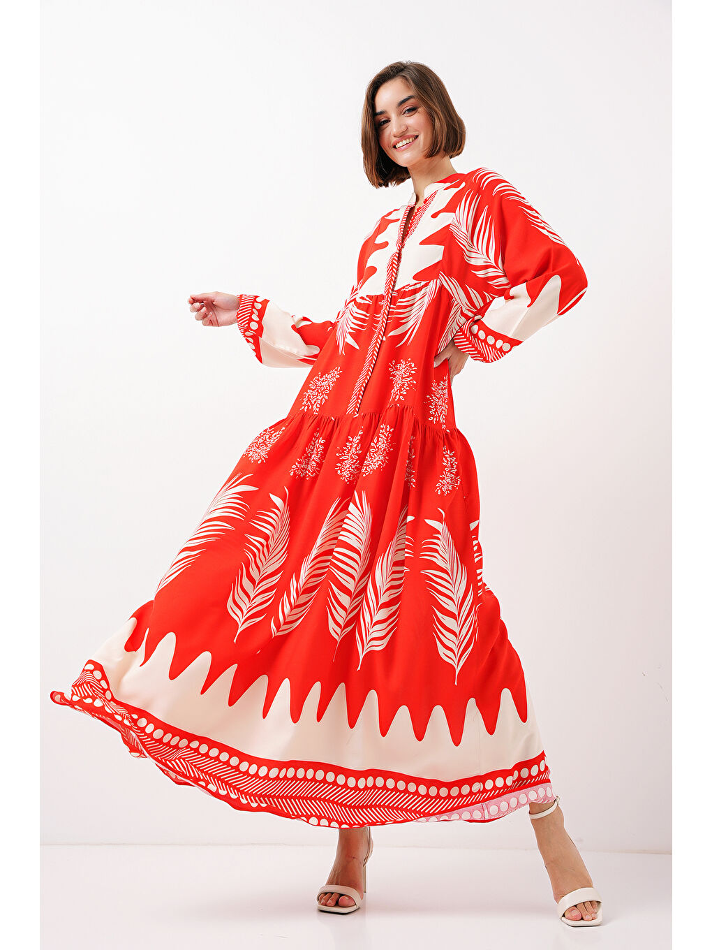 2423 Otantik Desenli Tesettür Elbise - M. Kırmızı