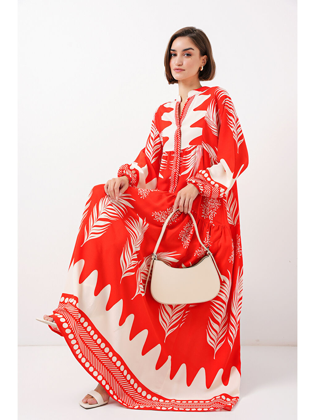 2423 Otantik Desenli Tesettür Elbise - M. Kırmızı-1