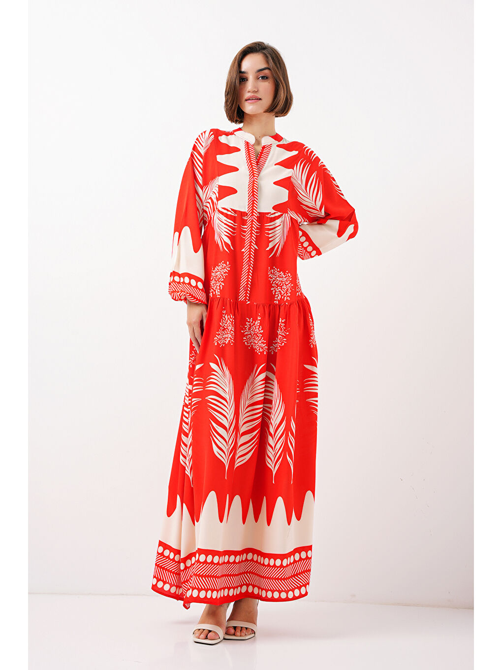 2423 Otantik Desenli Tesettür Elbise - M. Kırmızı-2