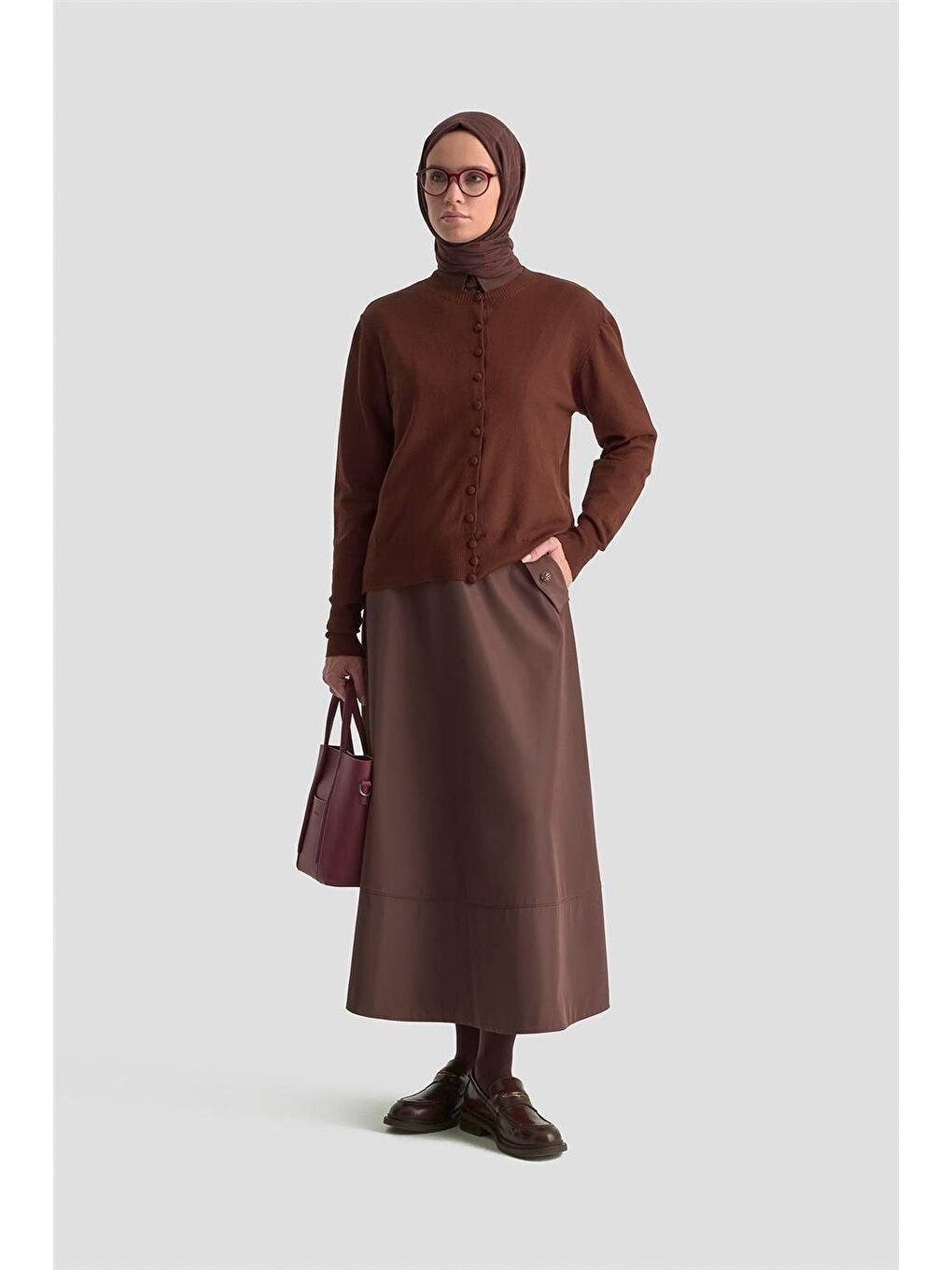 Düğme Detaylı Basic Hırka 25Kd7012 Kahverengi-2