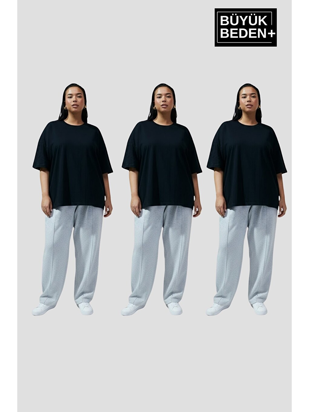Siyah Büyük Beden Kadın Basic 3XL-6XL Bisiklet Yaka 3'lü Tişört Seti SPR26BTSK510+3