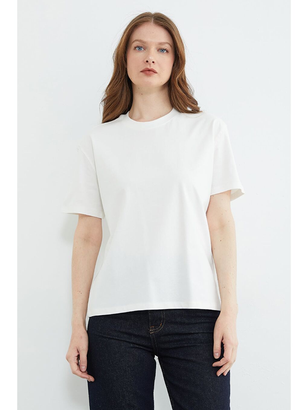 Ekru Basic Bisiklet Yaka Tişört-2