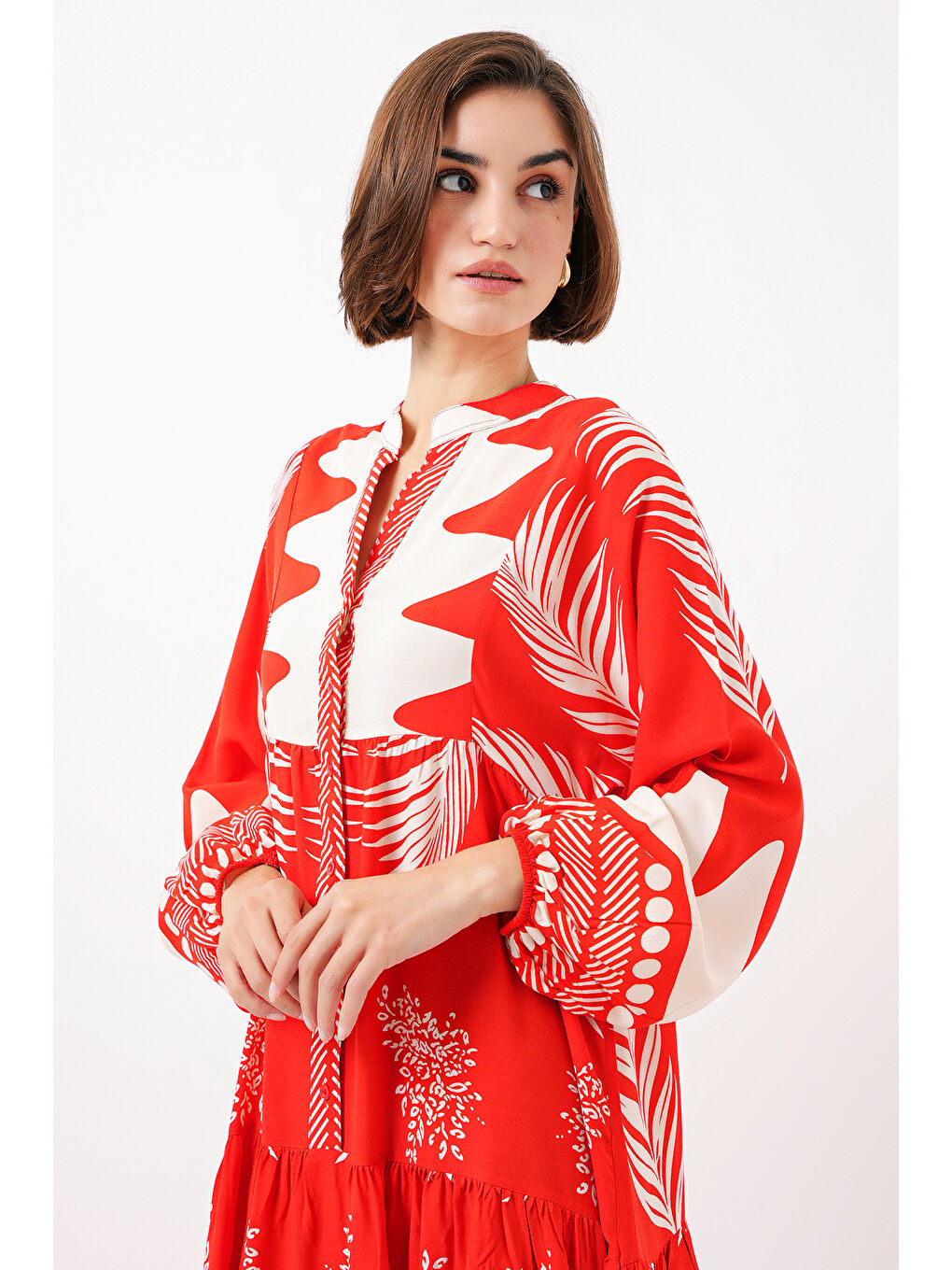 2423 Otantik Desenli Tesettür Elbise - M. Kırmızı-3