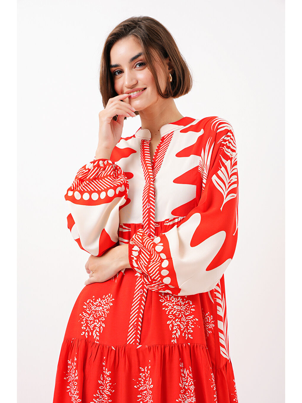 2423 Otantik Desenli Tesettür Elbise - M. Kırmızı-4