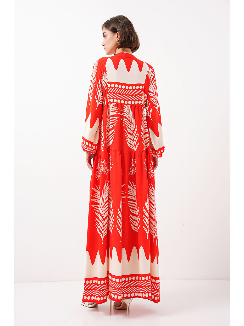 2423 Otantik Desenli Tesettür Elbise - M. Kırmızı-5