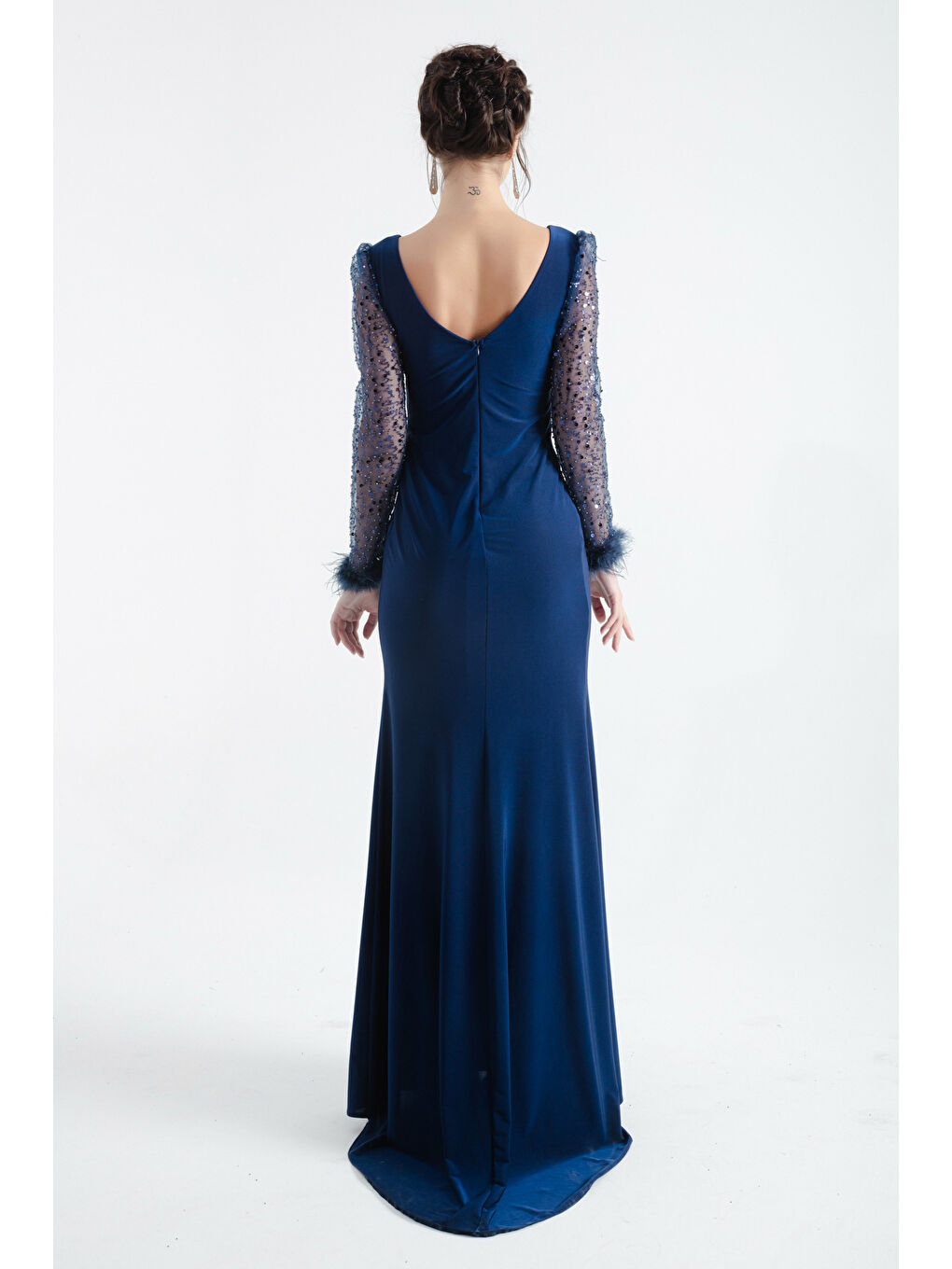 Kadın Lacivert V Yaka Kolları Taşlı Yırtmaçlı Uzun Abiye Elbise-4