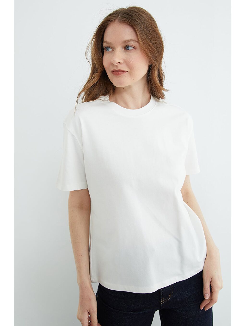 Ekru Basic Bisiklet Yaka Tişört-4