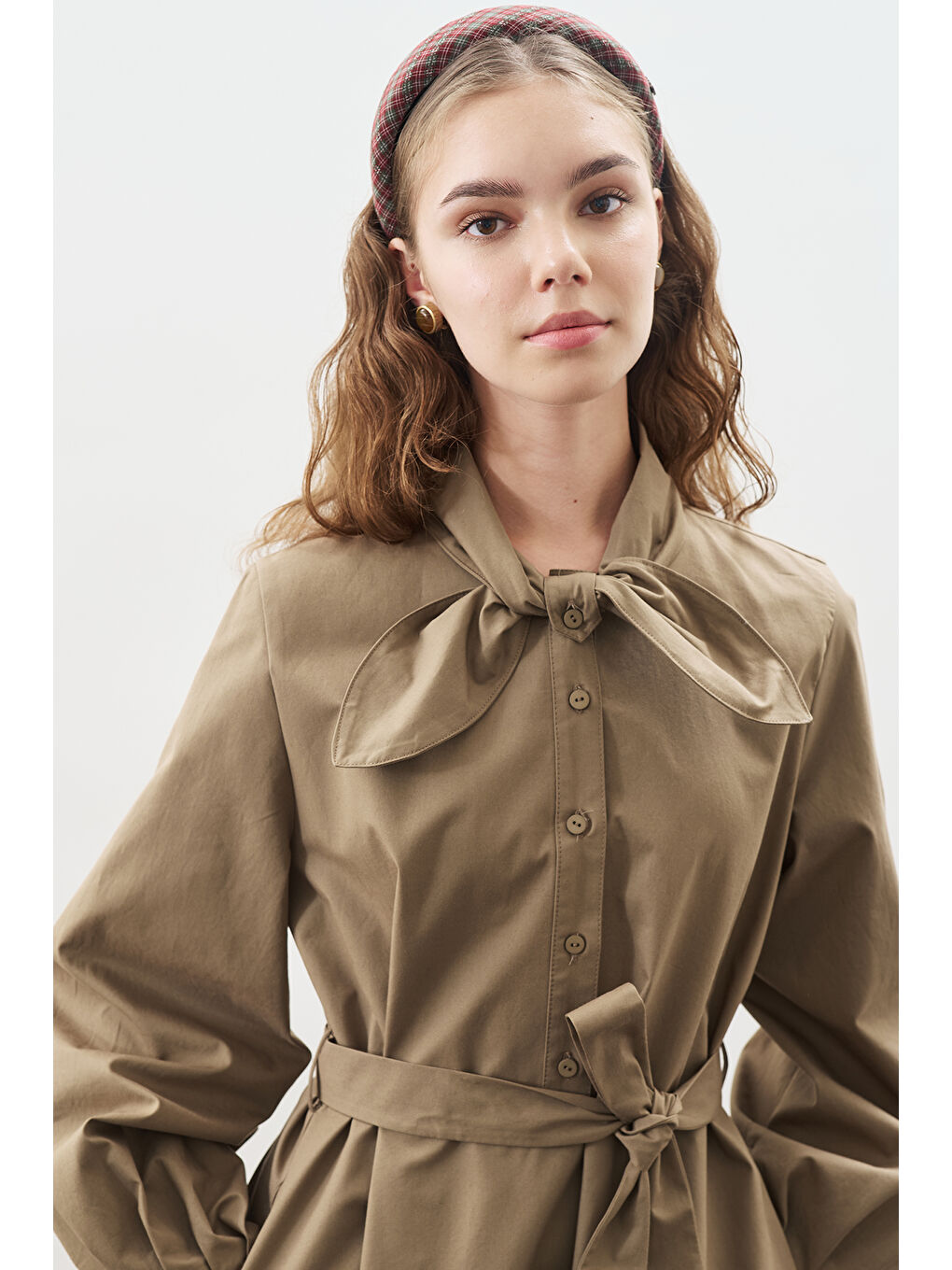 Yakası Bağlama Detaylı Elbise Haki-2