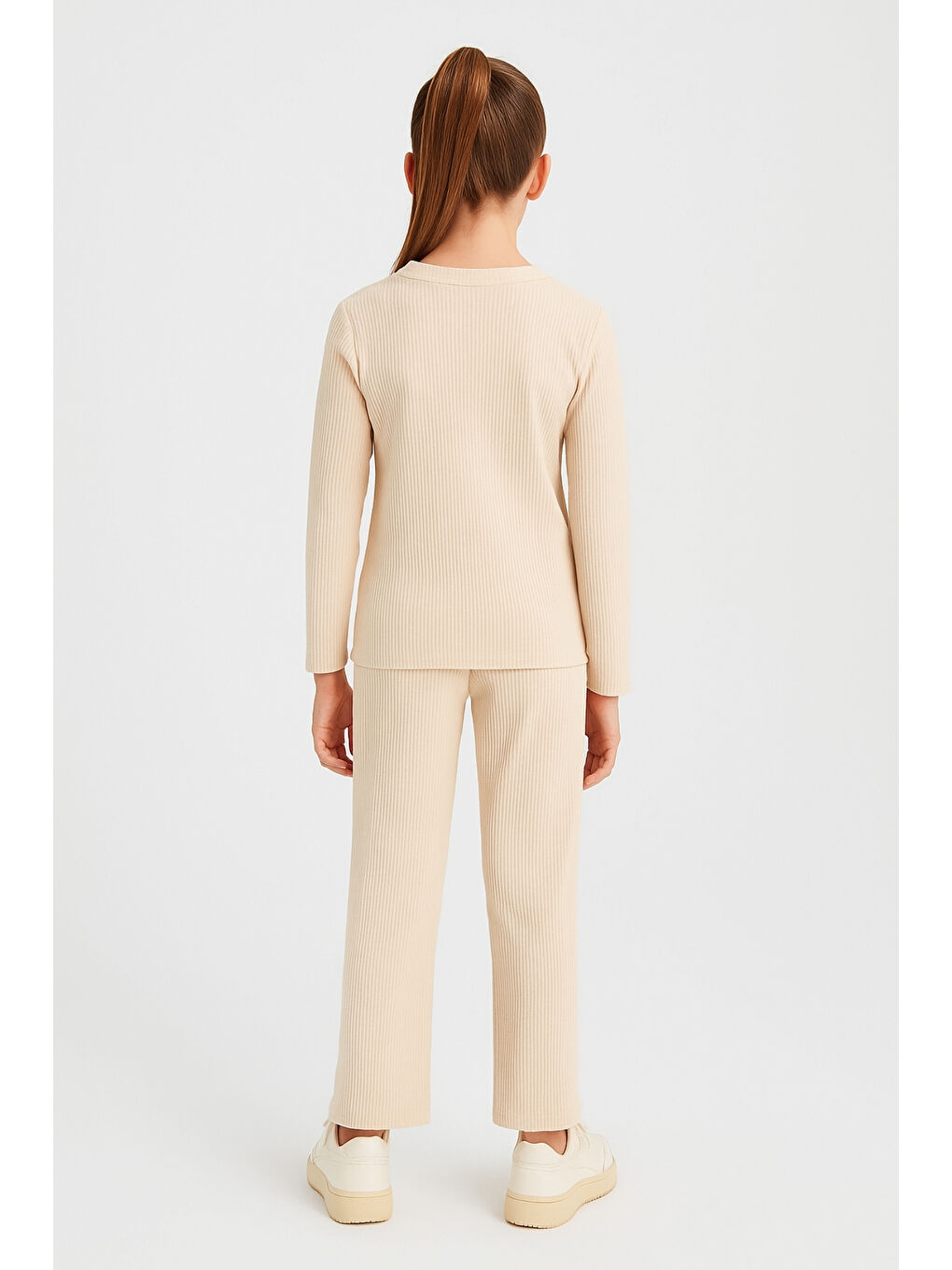 Bej Kız Çocuk Waffle Kumaş Fiyonk Detaylı Alt Üst Takım Ak13586-1