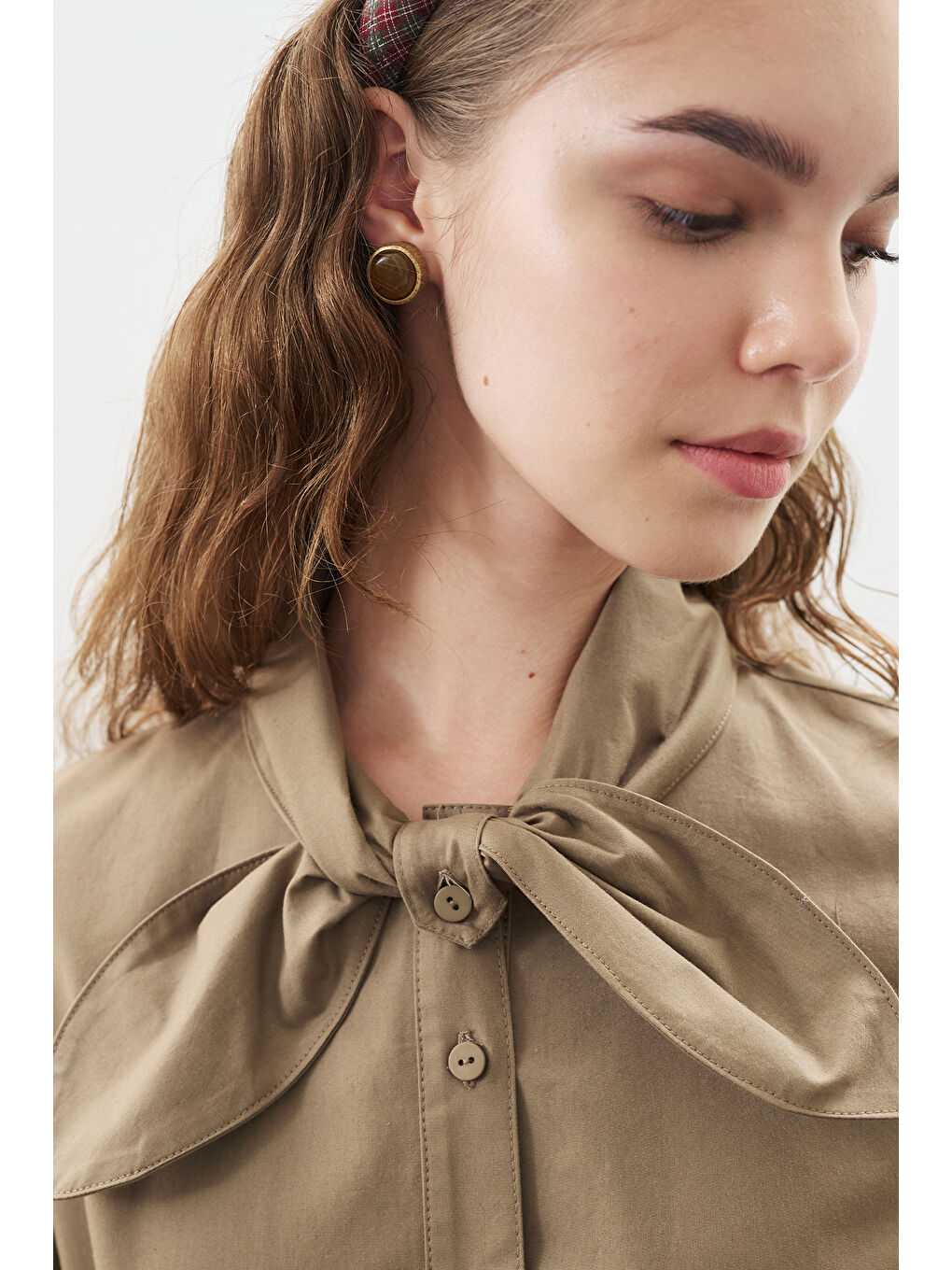 Yakası Bağlama Detaylı Elbise Haki-3