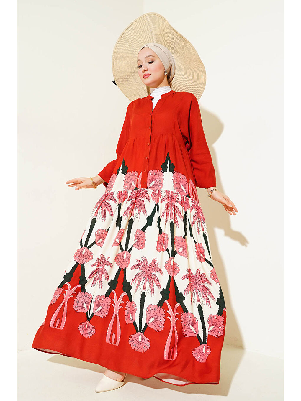 2423 Otantik Desenli Tesettür Elbise - F.Bordo-2