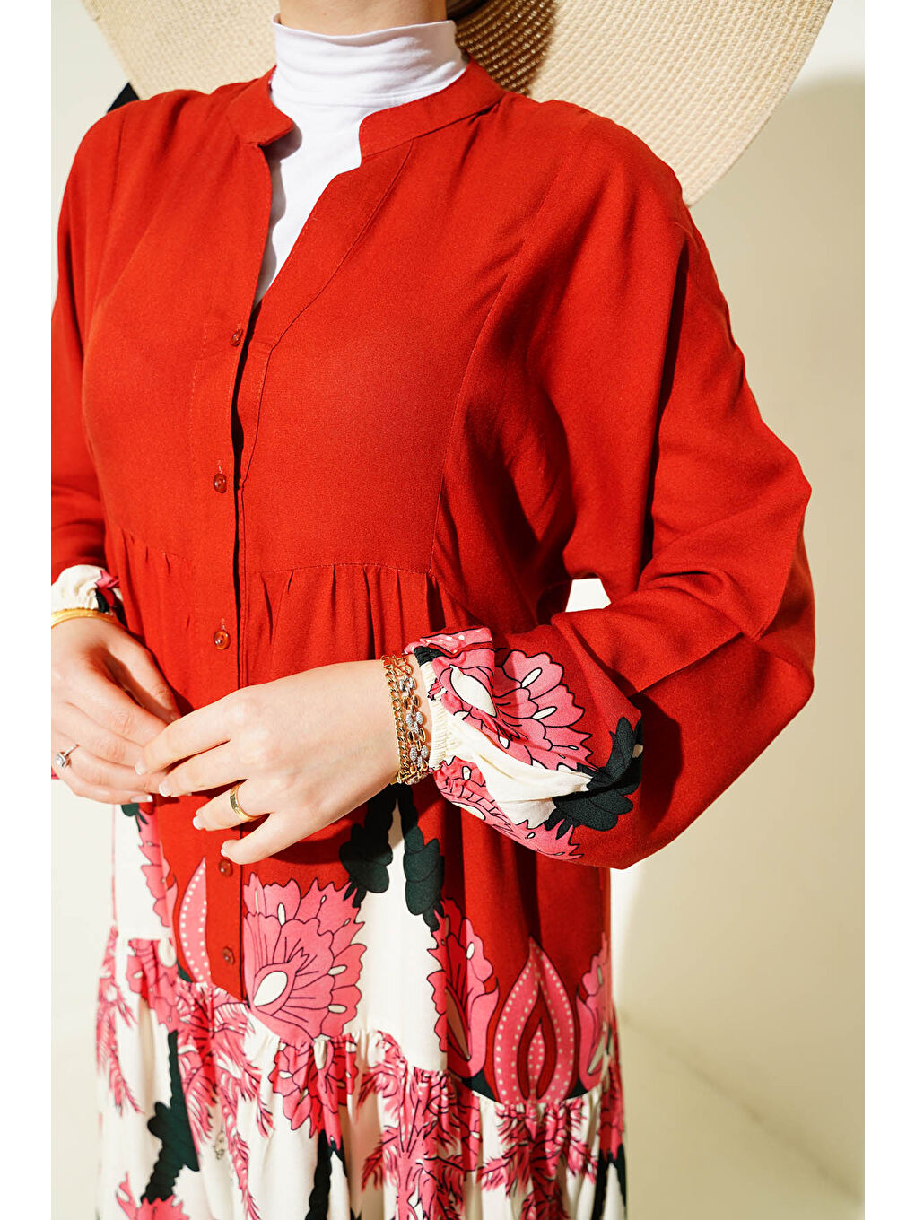 2423 Otantik Desenli Tesettür Elbise - F.Bordo-3