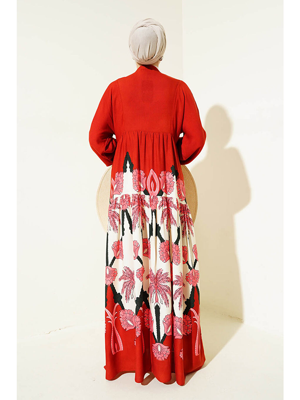 2423 Otantik Desenli Tesettür Elbise - F.Bordo-4