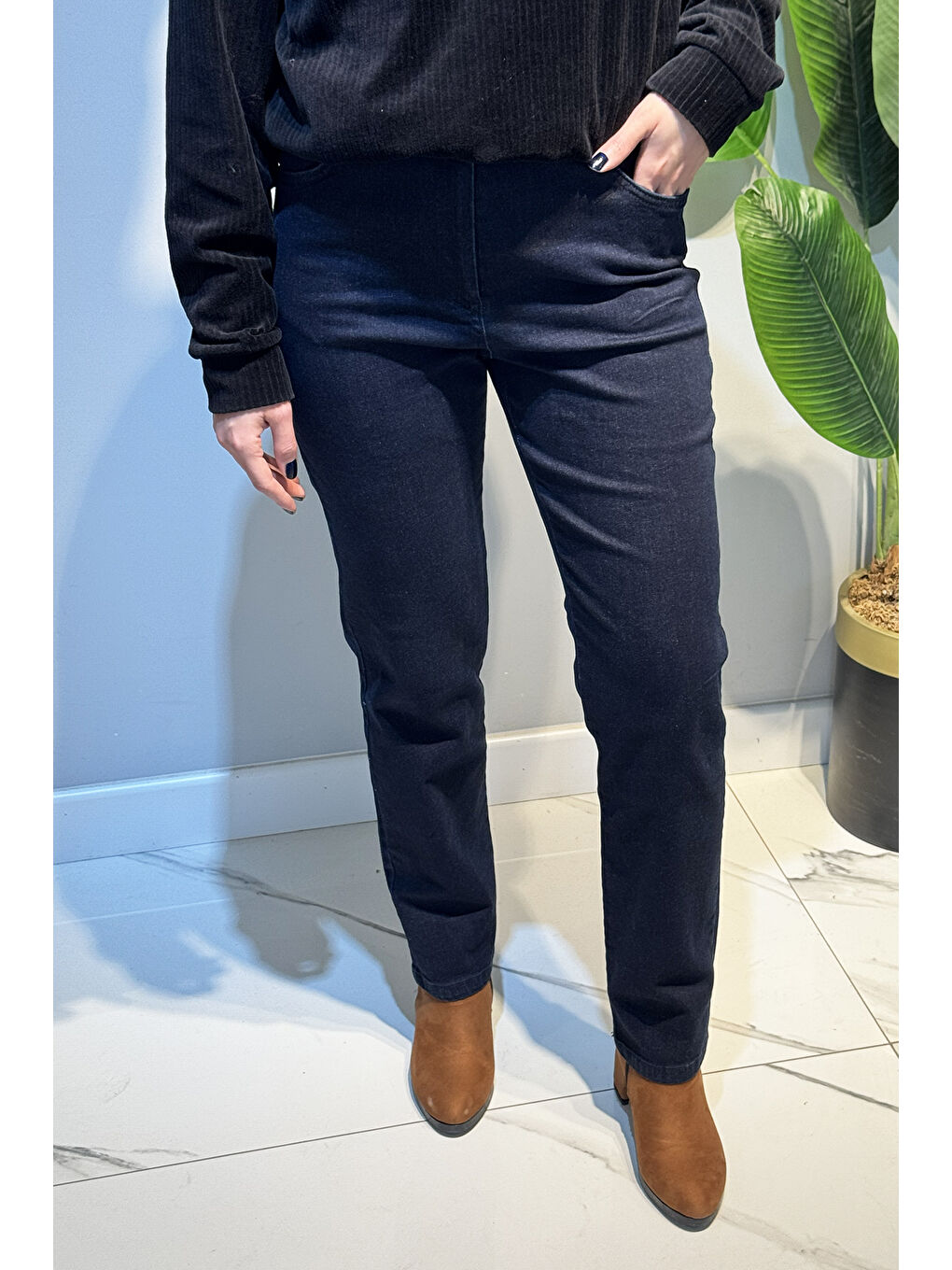 Kadın Beli Lastikli Elastanlı Boru Paça Jean Pantolon 03 Koyu Lacivert-1