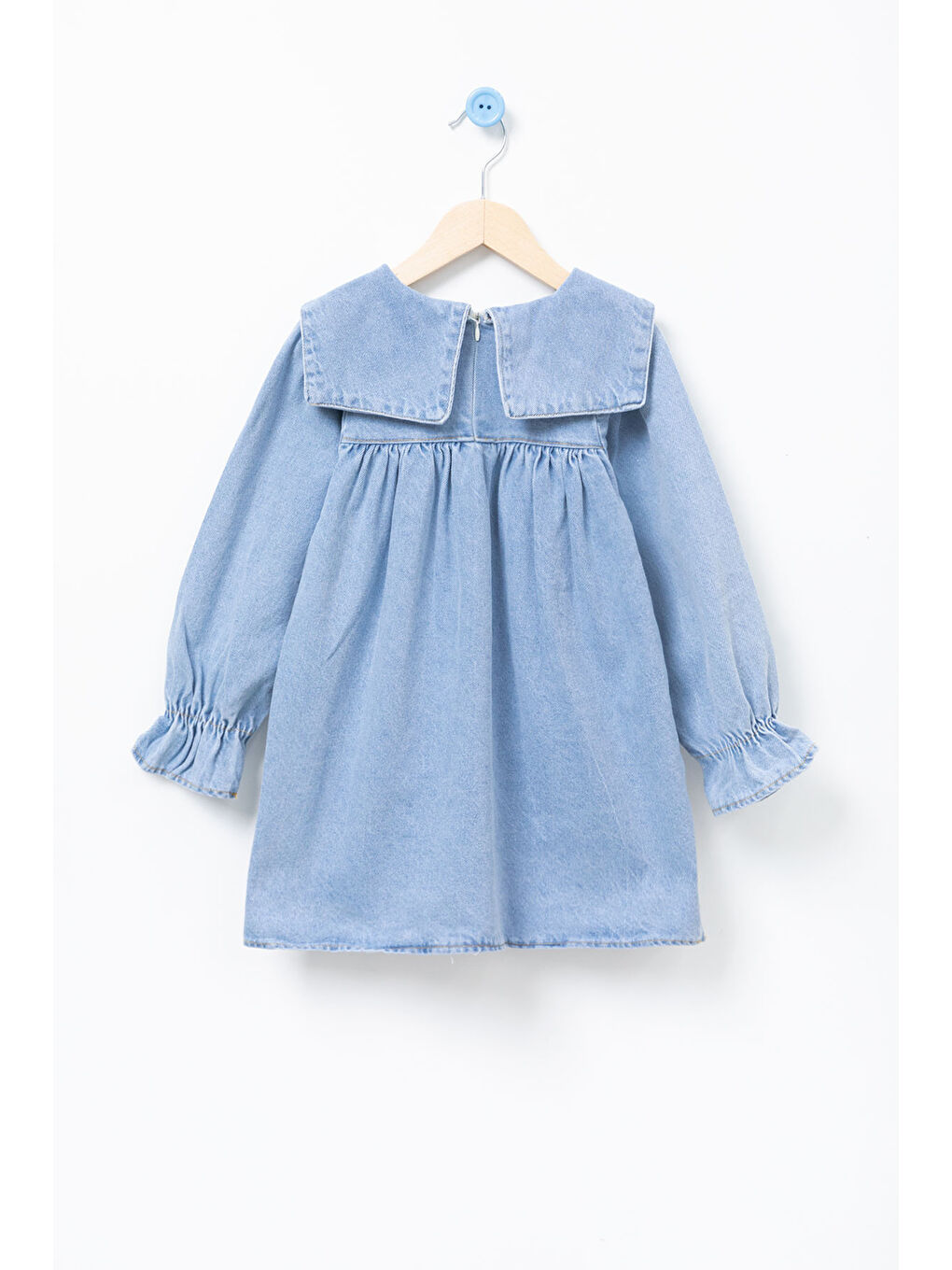 Mavi Yaka Papatya Nakışlı Uzun Kol Kız Çocuk Jean Elbise 20688-3
