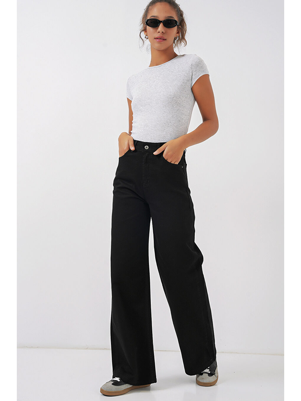 Kadın Bol Paça Yüksek Bel Palazzo Gabardin Pantolon 6656 - D. Siyah