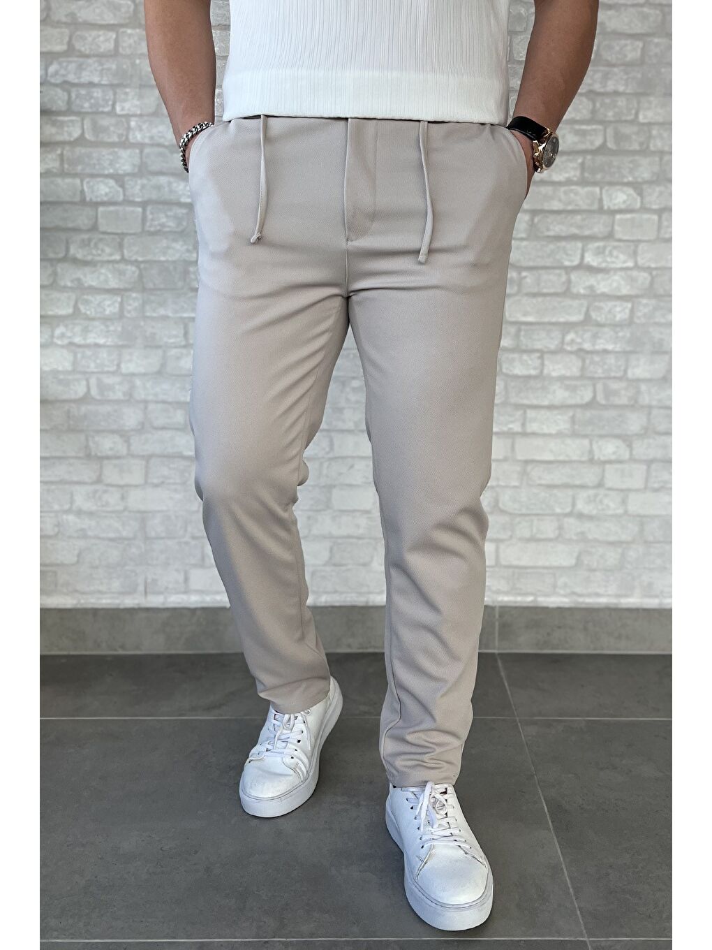 Bej Erkek Bel Bağlamalı Pantolon