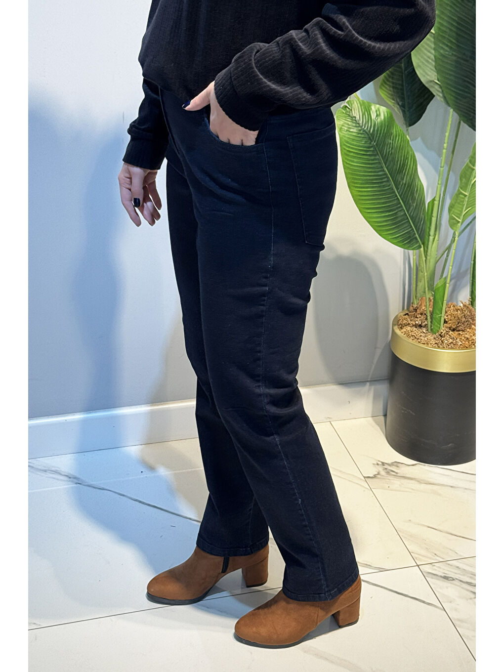 Kadın Beli Lastikli Elastanlı Boru Paça Jean Pantolon 03 Koyu Lacivert-3