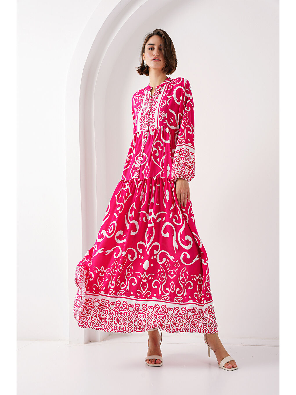 2423 Otantik Desenli Tesettür Elbise - L. Fuşya-2