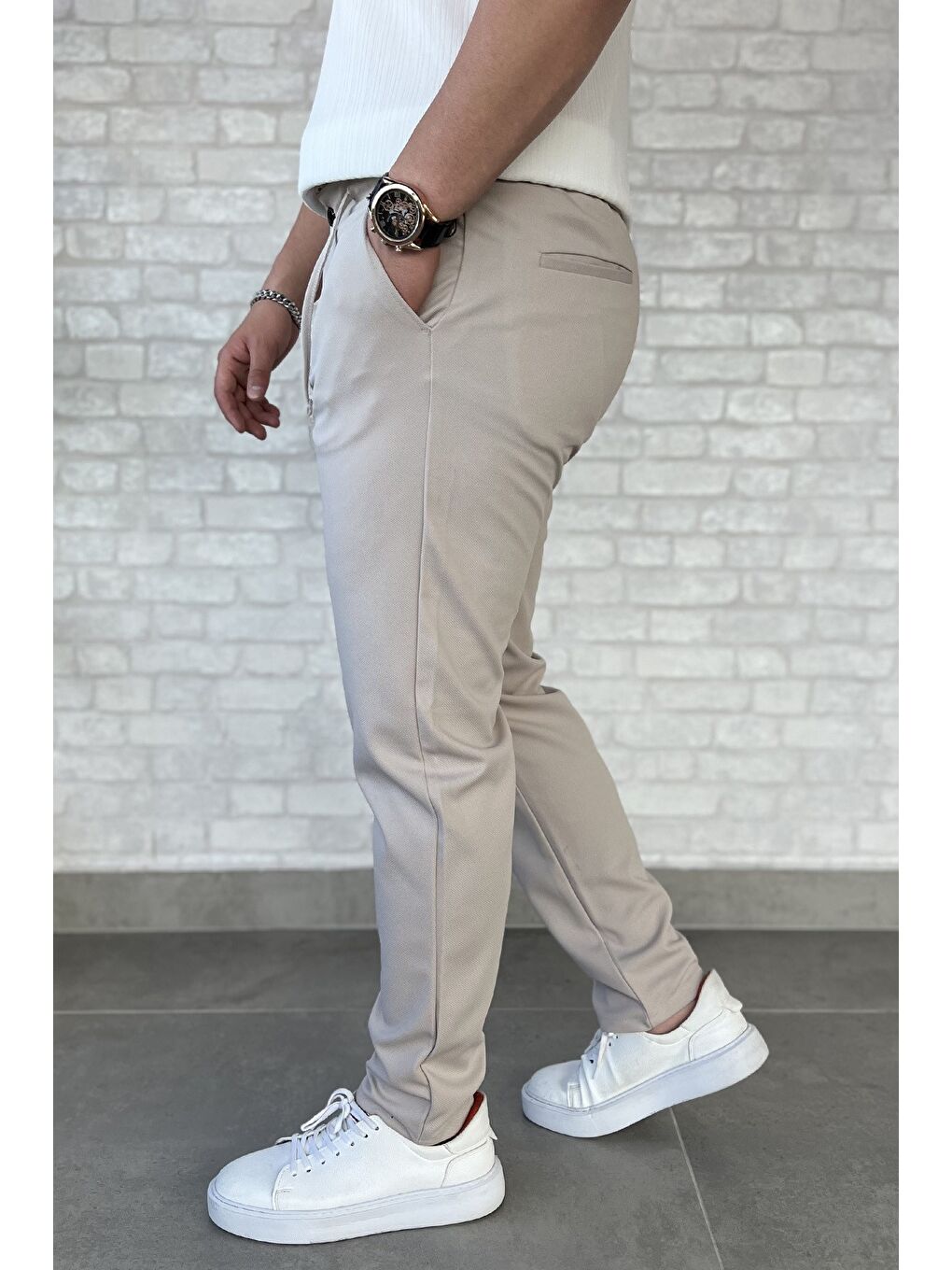 Bej Erkek Bel Bağlamalı Pantolon-1