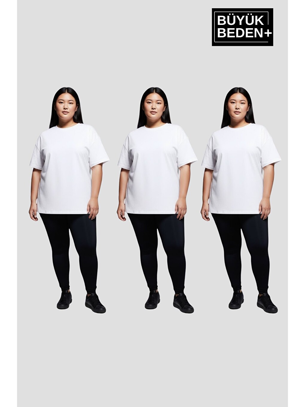 Beyaz Büyük Beden Kadın Basic 3XL-6XL Bisiklet Yaka 3'lü Tişört Seti SPR26BTSK510+3