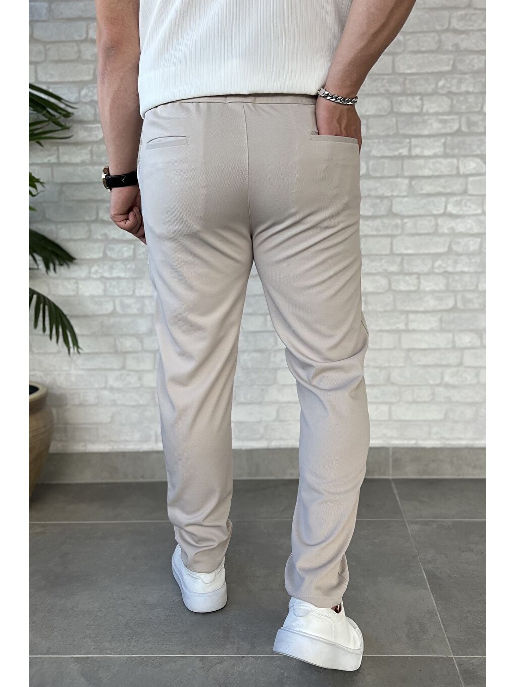 Bej Erkek Bel Bağlamalı Pantolon-2