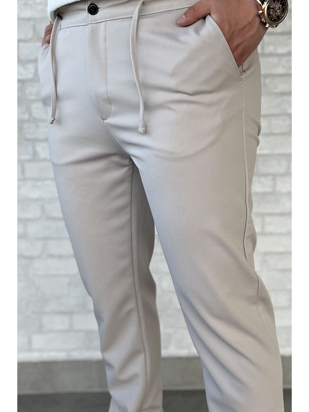 Bej Erkek Bel Bağlamalı Pantolon-3